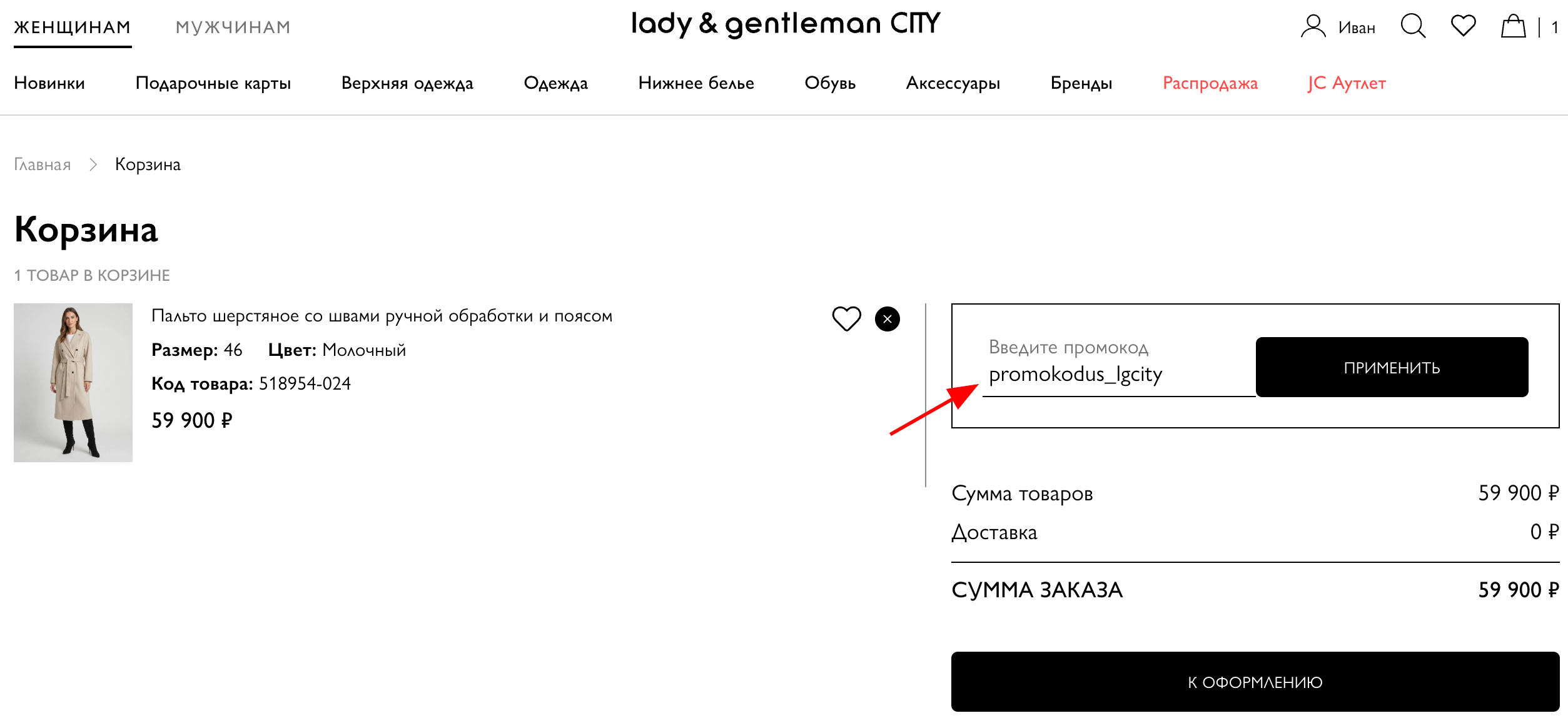 ввод промокода lady & gentleman CITY - скидка 10% на все товары