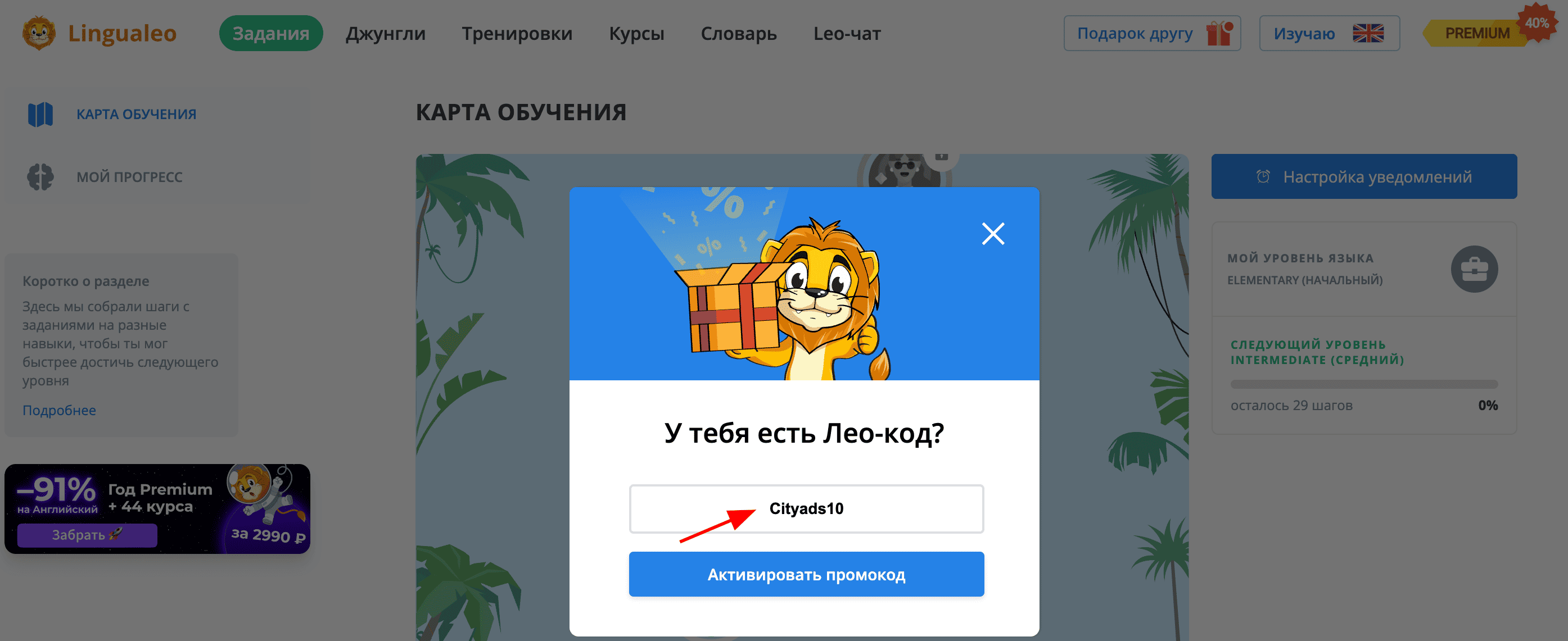 ввод промокода Lingualeo - скидка 65% на подписку