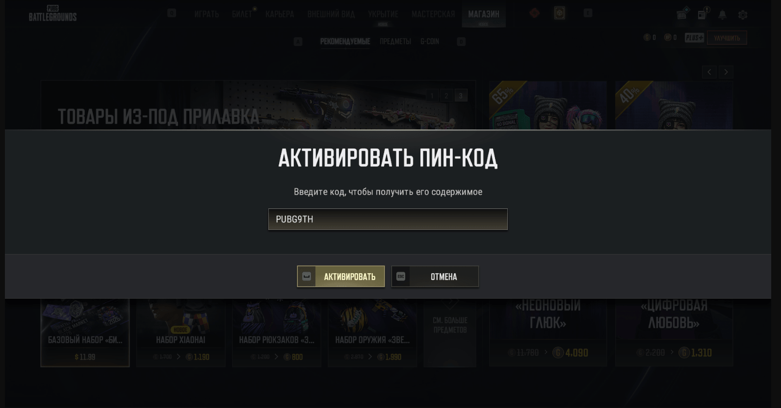ввод промокода PUBG Battlegrounds - 100 купонов в подарок