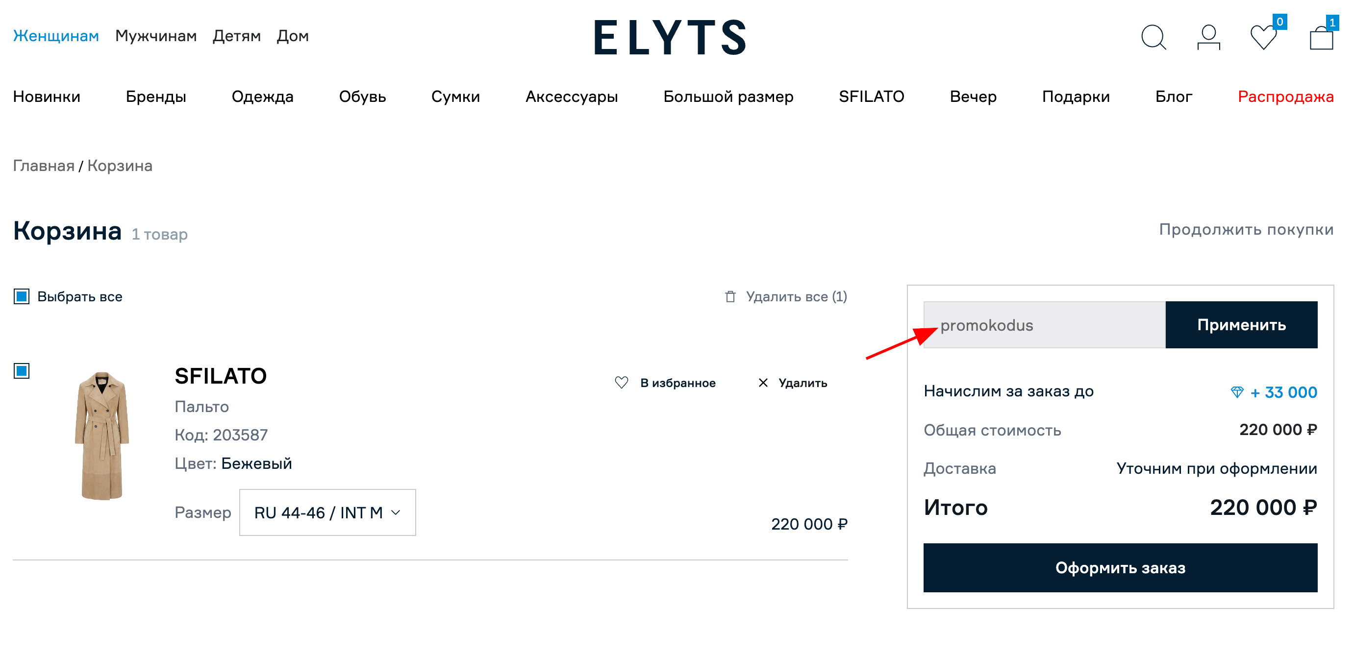 ввод промокода ElytS - скидка 10% на одежду