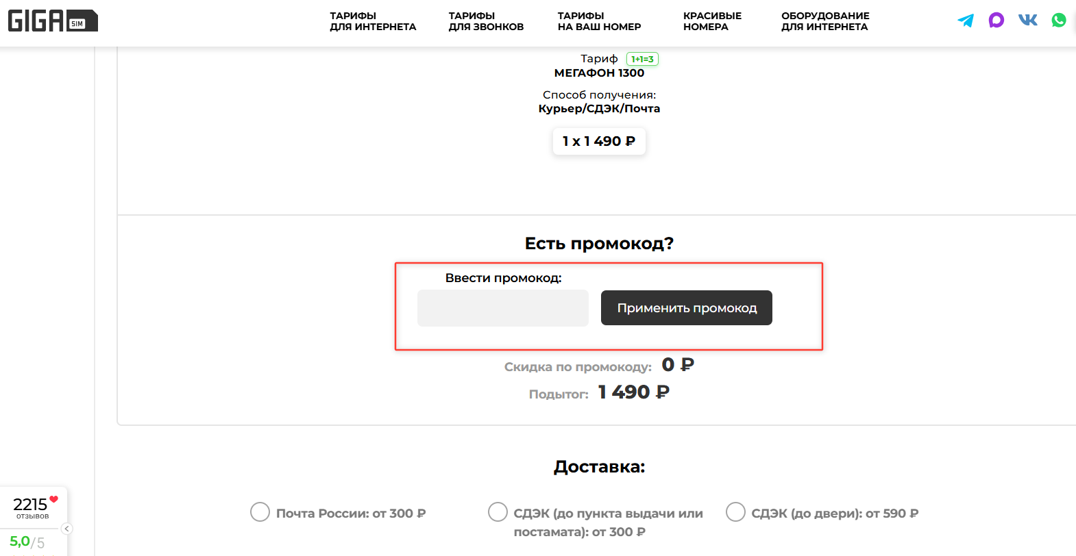 поле для промокода GIGAsim