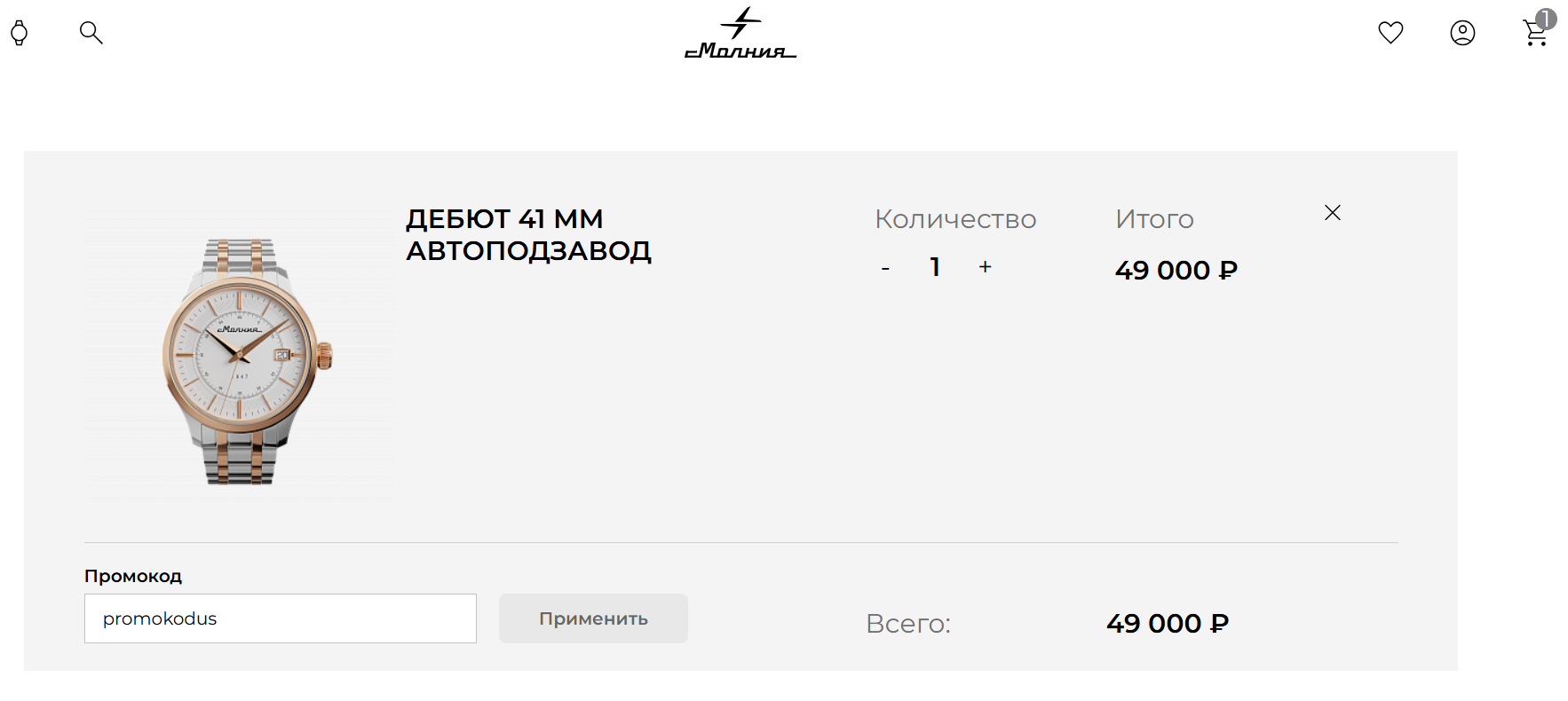 ввод промокода Молния - скидка 5% по промокоду