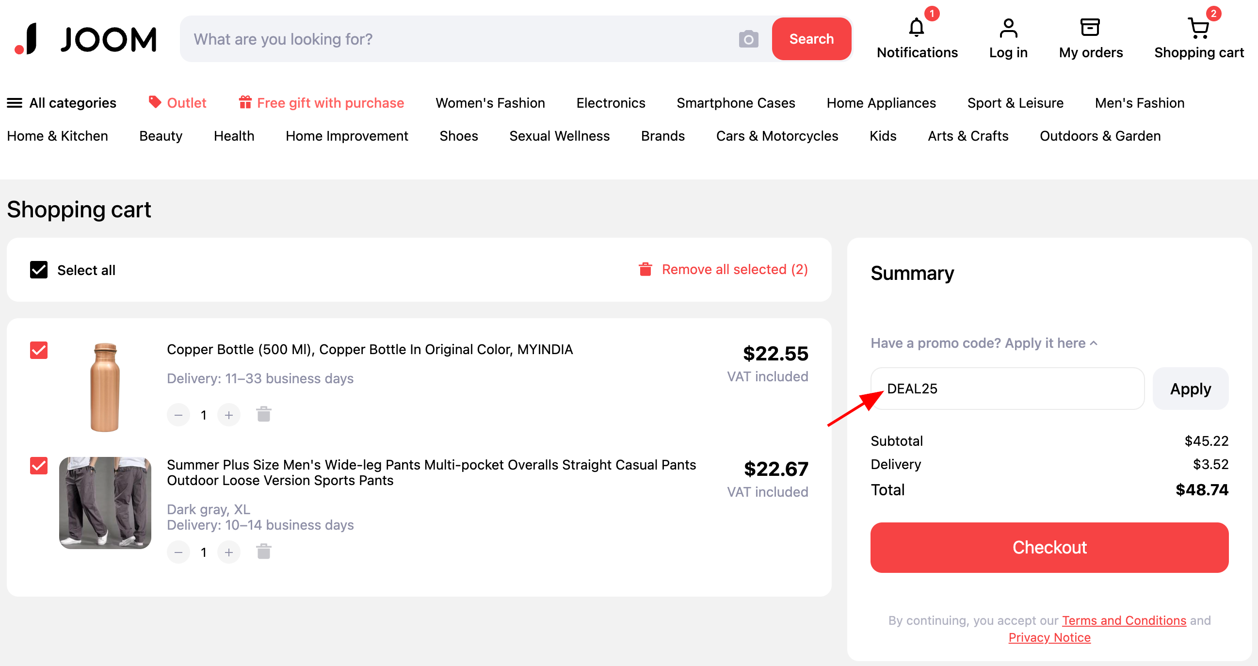 ввод промокода Joom - скидка до 20% на все товары