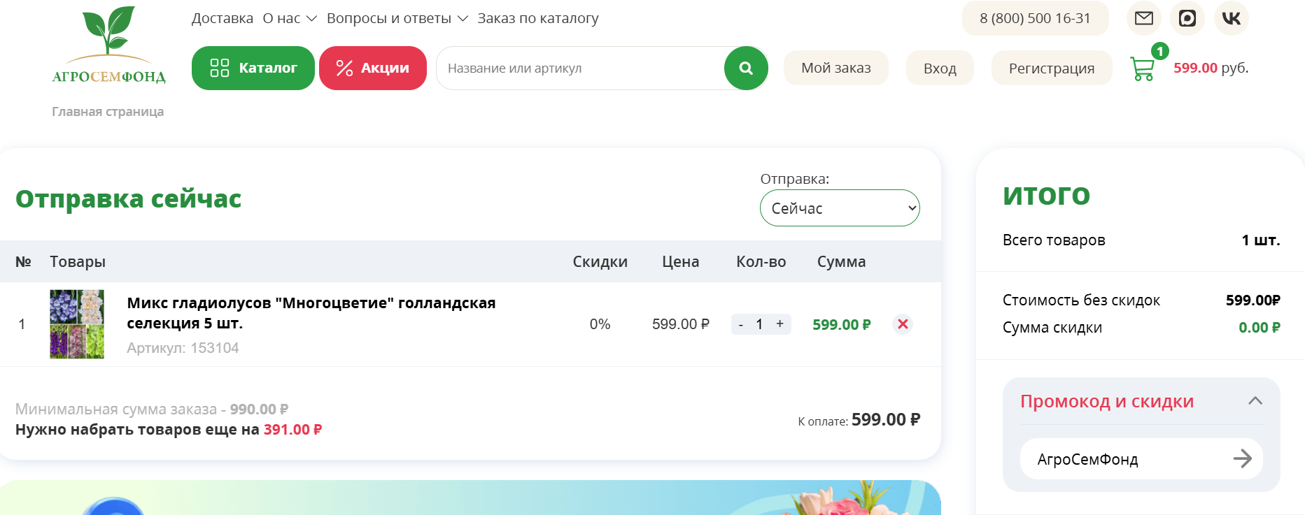 ввод промокода АгроСемФонд - скидка 3% на луковичные растения